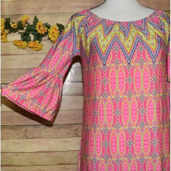 R. Rouge Pink Hippie Retro Midi Dress Size S Bell Sleeves Fringe Colorful Bright - Picture 5 of 11